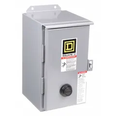 Enclosed non-reversing magnetic motor starter for three-phase AC motors. NEMA Size 0, 18 A, 3 poles, 480V AC coil. Screw clamp terminals. Requires three melting alloy thermal units (not included). Suitable for starting and protecting motors in applications such as conveyors, pumps, and compressors.