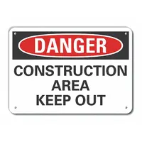 This danger sign is made of aluminum and features mounting holes for installation. It is not retroreflective and does not glow in the dark. Typical applications include marking construction zones as restricted areas to prevent unauthorized entry