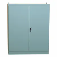 Steel enclosure with solid hinged cover and latch closure. NEMA 12 rated for protection against dust, dirt, and non-corrosive liquids. Suitable for housing electrical controls and instruments in industrial environments. Knockouts not included