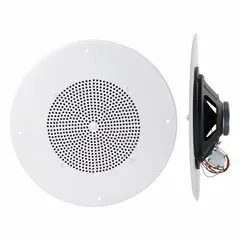 Indoor ceiling-mount speaker grille combination. Powered 1-way unit with 8 ohm impedance and 13-inch overall width. Suitable for paging or background music in commercial spaces.