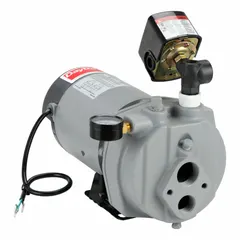 This Dayton convertible well jet pump is a single-phase, 1 hp unit rated for 115/230V AC. It delivers 10.6 gpm at a maximum head of 135 ft and includes a pressure switch. The pump body is cast iron; an ejector is not included. Suitable for water supply from wells when paired with an appropriate ejector.