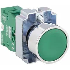 This flush-mount push button from Dayton features a momentary action and a metallic push button material. It has a 22 mm mounting hole, a normally open (1NO) contact configuration, and pressure plate terminals. The flush profile reduces the risk of accidental actuation, making it suitable for control panels and machinery interfaces.