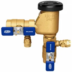 The ZURN WILKINS 34-710 is a pressure vacuum breaker with FNPT x FNPT connections, designed for water media. It operates within a temperature range of 33°F to 140°F and is intended for high health hazard applications. This device is used to prevent backflow of contaminated water into potable water systems in commercial or industrial plumbing installations.