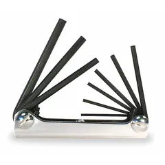 This folding hex key set includes five SAE standard-end short hex keys with a black oxide finish. The fold-up design allows compact storage and quick access for tightening or loosening hex socket fasteners in maintenance, assembly, and repair tasks. Suitable for use on machinery, equipment, and industrial components.
