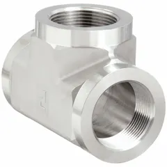 This 316 stainless steel pipe tee connects three pipes in a run x run x branch configuration. Sized 1 1/2 in x 1 1/2 in x 1 1/2 in, it is suited for high-pressure fluid or gas systems in industrial hydraulic, pneumatic, and process piping applications.