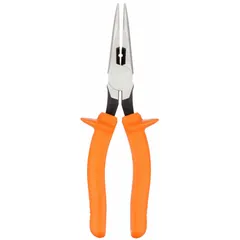 Insulated needle-nose pliers with smooth jaws, 2-3/8 in jaw length, and 1-1/4 in maximum jaw opening. Overall length of 8-7/8 in. Suitable for gripping, bending, and cutting wire in electrical applications where insulation is required.