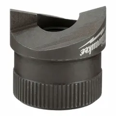 Round knockout punch and die set for creating clean holes in sheet metal. Nominal size 7/8 in, designed for 16 ga steel capacity. Features a ratchet drive mechanism and stainless steel construction. Used in electrical panel fabrication, HVAC ductwork, and metal enclosure assembly.