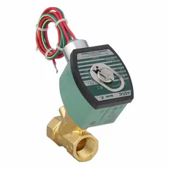 This 2-way, 2-position normally open solenoid valve features a compact brass body with a 1/2 in pipe size and 120V AC operation. It is used to control the flow of compatible fluids in applications such as water, air, and light oil circuits in industrial systems.