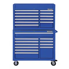 This heavy-duty top chest and rolling cabinet combination provides 22 drawers for organizing tools and equipment. The unit features ball-bearing drawer slides for smooth operation and a keyed locking system for security. Finished in blue powder coating, the top chest measures 41-1/2 in width, 18-5/8 in depth, and 26-7/8 in height. Suitable for industrial storage in workshops, garages, and manufacturing facilities.
