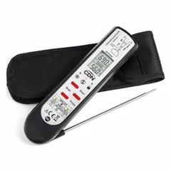 Digital thermometer with LCD display and plastic case. Combines infrared and thermocouple probe measurement for food safety and non-contact surface temperature readings. Accuracy ±1.1 °F or ±0.6 °C. NSF certified. Includes pouch.