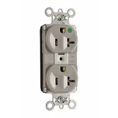 This is a compact duplex receptacle rated 20A at 125V, designed for general-purpose power distribution. Its hospital-grade construction meets stringent requirements for grounding reliability and durability in demanding environments.