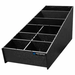 This black polystyrene condiment organizer features 9 compartments with 6 dividers for arranging condiment packets and bottles. Overall dimensions are 8 1/4 in width and 25 1/4 in depth. NSF certified for foodservice use.