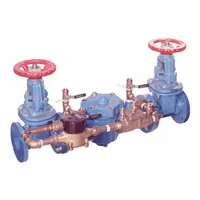 Double check backflow preventer detector assembly for low health hazard water applications. Cast iron body with flange connections. Includes a flowmeter measuring in CFM. Temperature range 33°F to 110°F. Used in fire sprinkler systems and industrial water lines to detect unauthorized water usage