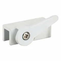 This white painted flip lock is designed for sliding windows, mounting on the sash to secure the window in a closed position. It is non-handed, includes a handle, and has an overall length of 5/8 in. Suitable for residential or light commercial applications.
