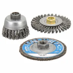 This kit includes a 4-inch steel stringer bead wire wheel brush for use with angle grinders. It is designed for cleaning, deburring, and surface preparation on metal workpieces, providing aggressive brushing action on welds, rust, and scale.