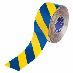 Extra-durable floor marking tape with blue/yellow striped pattern for high-visibility aisle, hazard, and storage zone marking in industrial facilities. Features a 22 mil thick polyester backing for long-lasting performance. Tape measures 3 in wide by 100 ft long.