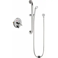 This shower faucet includes a hand-held showerhead with a plastic construction and a flow rate of 2.5 gpm. It features a single handle for temperature and flow control. Suitable for commercial and residential bathrooms where a flexible hand-held showering solution is needed.
