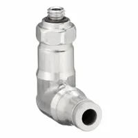 Stainless steel push-to-connect elbow fitting with BSPP thread. Connects 4 mm OD tubing to an M5x0.8 threaded port. Suitable for pneumatic and fluid-handling systems requiring corrosion resistance