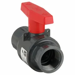 This PVC straight ball valve features FNPT threaded ends for manual two-way flow control. Rated for a maximum cold working pressure of 235 psi, it is suited for on/off service in industrial piping systems handling water, chemicals, or air.