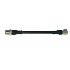 Double-ended cordset with M12 male straight connector on one end and M12 female straight connector on the other. Features 4 pins, 22 AWG wire, 1 m cable length, black PUR jacket, and IP67 rating. Suitable for connecting sensors and actuators in industrial automation and robotics applications requiring resistance to abrasion and chemicals.