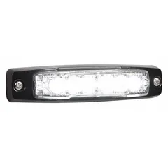 White LED perimeter flashing warning light with rectangular shape, 15/16 in overall width, and stud mount. Operates on 12V DC with pigtail connection, offering 27 selectable flash patterns. Includes black surface mount bezel. SAE Class 1 rated for vehicle warning applications.