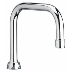 This double-bend gooseneck spout is constructed of brass with a polished chrome finish. It features a swivel design and includes mounting hardware. Suitable for commercial faucet applications in kitchens, labs, or janitorial sinks where flexible water delivery is required.