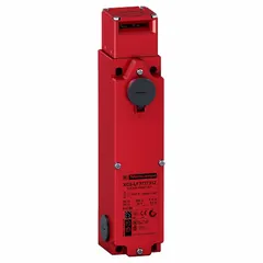 Solenoid-actuated safety-interlock switch with pivoting actuator, 2NO/1NC contacts, and 1/2 in NPT conduit connection. Used to guard access on industrial machinery, preventing operation when guards are open.