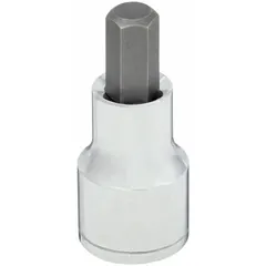 This hex bit socket features a 1/2-inch drive size and a 3/8-inch hex tip with a fixed insert design. It has an overall length of 2-1/4 inches. Suitable for driving hex-head fasteners in assembly, maintenance, and repair tasks.