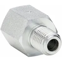 This steel straight adapter connects a 1/4 in pipe to a 3/8 in pipe in high-pressure fluid systems. Rated for 6,000 psi, it is used in industrial hydraulics, lubrication lines, and pneumatic circuits requiring leak-free connections