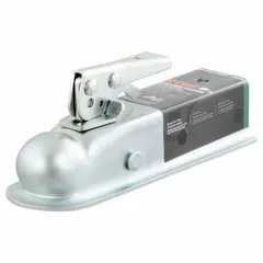 This CURT straight-tongue coupler is a Type II unit constructed from steel with a zinc-plated finish. It has a gross towing weight capacity of 3,500 lb and is designed for tear resistance. Suitable for connecting trailers or equipment to a tow vehicle in towing applications.