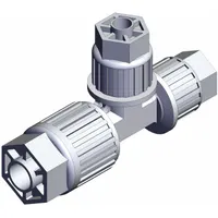 PFA compression tube fitting from the SMC LQ3 series. Accommodates 3/8 in OD x 1/4 in OD x 1/4 in OD tubing. Complies with RoHS6 and RoHS10 standards. Used in high-purity fluid handling systems for leak-free connections