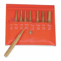 This 8-piece brass flat-tip punch set is designed for removing drive pins in assembly and disassembly tasks. Tip diameters range from 1/16 to 5/16 in SAE, with a 4 in overall length. The brass construction helps prevent marring of finished surfaces. Suitable for inch-system applications in general maintenance and repair work