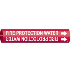Red snap-on pipe marker with white legend reading 'Fire Protection Water' and flow-direction arrows. Fits pipe outer diameter 4 to 6 inches. Used to identify fire protection water lines in industrial piping systems.