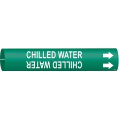 Green snap-on pipe marker with white 'Chilled Water' legend and directional arrows. Fits pipe outer diameters from 1-1/2 to 2-3/8 inches. Used to identify chilled water lines in HVAC, process cooling, and building services piping systems.