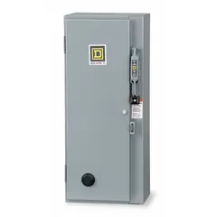 Three-phase NEMA Size 1 fusible starter with thermal overloads, rated for 600V AC maximum. Operates on 120V AC coil voltage and accepts Class H fuses. Requires three melting alloy thermal units (not included). Features quick-disconnect terminals. Suitable for starting and protecting three-phase motors in industrial motor control applications.