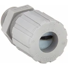 Straight plastic cable grip with 1/2 in MNPT box connection, accepting cord diameters from 0.25 in to 0.55 in. Gray nylon body with IP66 rating and Class III, Division 1 & 2 hazardous location rating. Suitable for securing and sealing cords in wet or hazardous industrial environments.