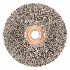 This light-cleaning brush features a crimped stainless steel fill of 0.014" for surface finishing on stainless steel. With a 3" diameter, 5/8" width, and 1/2" arbor, it is suited for removing oxidation, light rust, and weld discoloration in metal fabrication and maintenance tasks.