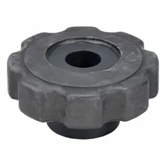 This 8-arm knob features a threaded through-hole for manual adjustment, clamping, or positioning on machinery and equipment. Constructed of plastic with a steel thread insert, it has a 1.25 in diameter and 3/8"-16 thread size. The 8-arm design provides a secure grip for tightening and loosening without tools.