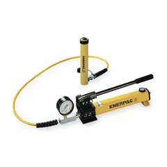 The ENERPAC SCR1010H is a 10-ton nominal capacity hydraulic ram and pump set. It includes an RC1010 cylinder with a 10 1/8-inch stroke and a P392 pump. This set is used for lifting, pressing, and maintenance tasks requiring controlled hydraulic force.