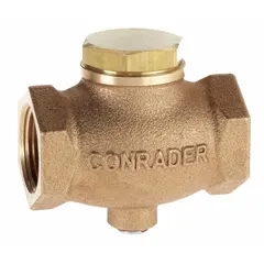 Brass inline check valve with 1-1/4 in female NPT connections on both ends. Rated for maximum pressure of 250 psi. Used in pneumatic systems to allow flow in one direction and prevent backflow.