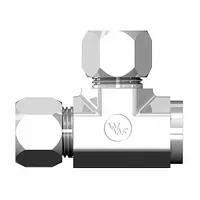 This flareless bite-type steel compression tee fitting is used to branch a tubing line in hydraulic and pneumatic systems. It creates a leak-proof seal on steel tubing without flaring. The fitting has a 1/2 in OD tube size on two ends and a 3/8 in pipe thread on the branch, with a 3/8"-18 thread size