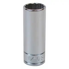 This 1/4 in drive hand socket features a 9/16 in SAE size, 12-point design, and deep configuration. The chrome finish provides corrosion resistance. Suitable for turning fasteners in general mechanical and assembly tasks where a deep reach is required.