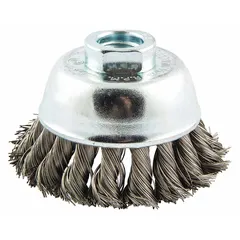 This heavy-cleaning cup brush is designed for aggressive surface preparation on contoured stainless steel. Features a 2-3/4 in diameter, 0.014 in fill diameter, and 5/8"-11 arbor connection. Standard twist knot wire bristles remove rust, scale, and weld splatter. Suitable for industrial maintenance, fabrication, and metal finishing applications.