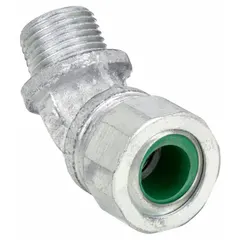 This 45° cable grip secures and seals cord connections in Class I, Division 2 hazardous locations. It features a silver iron body with a 1/2 in MNPT box connection, accommodates cord diameters from 0.45 in to 0.56 in, and includes a green color-coded grommet for quick identification.