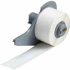 Continuous label roll measuring 1 in x 50 ft, made of white gloss polypropylene for indoor use. Designed for thermal transfer printing with the BMP71 printer series. Suitable for creating custom-length labels for wire, cable, and component identification.