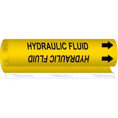 Wrap-around pipe marker with yellow background and black legend reading 'Hydraulic Fluid'. Includes directional arrows to indicate flow direction. Fits pipe outer diameters from 1-1/2 to 2-3/8 inches. Used for identifying hydraulic fluid lines in industrial piping systems.