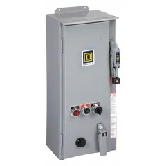 Three-phase NEMA combination starter integrating a circuit breaker and thermal overload protection. Rated NEMA Size 2 with a 120V AC coil and maximum voltage of 600V AC. Requires three melting alloy thermal units (not included). Enclosure is NEMA-rated 12, suitable for industrial environments where dust and oil resistance is needed.