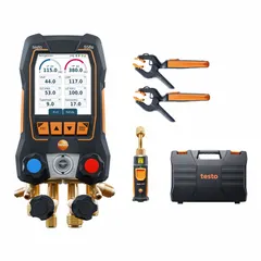 Digital wireless manifold gauge set with four valves and SAE hose connections. Includes sight glass and calibration protocol. Designed for use with R-422D refrigerant. Hoses and gauge boots not included.