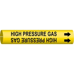 This snap-on pipe marker identifies high-pressure gas lines. It features a yellow background with black legend and directional arrows. Designed for pipe outer diameters from 1-1/2 to 2-3/8 inches. Suitable for use in industrial piping systems where clear hazard identification is required.