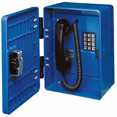 Surface-mount telephone with keypad interface, designed for outdoor use in Division 2 hazardous locations. Features a corrosion-resistant blue armored plastic housing and PSTN connectivity. Suitable for industrial environments requiring reliable voice communication in classified areas.